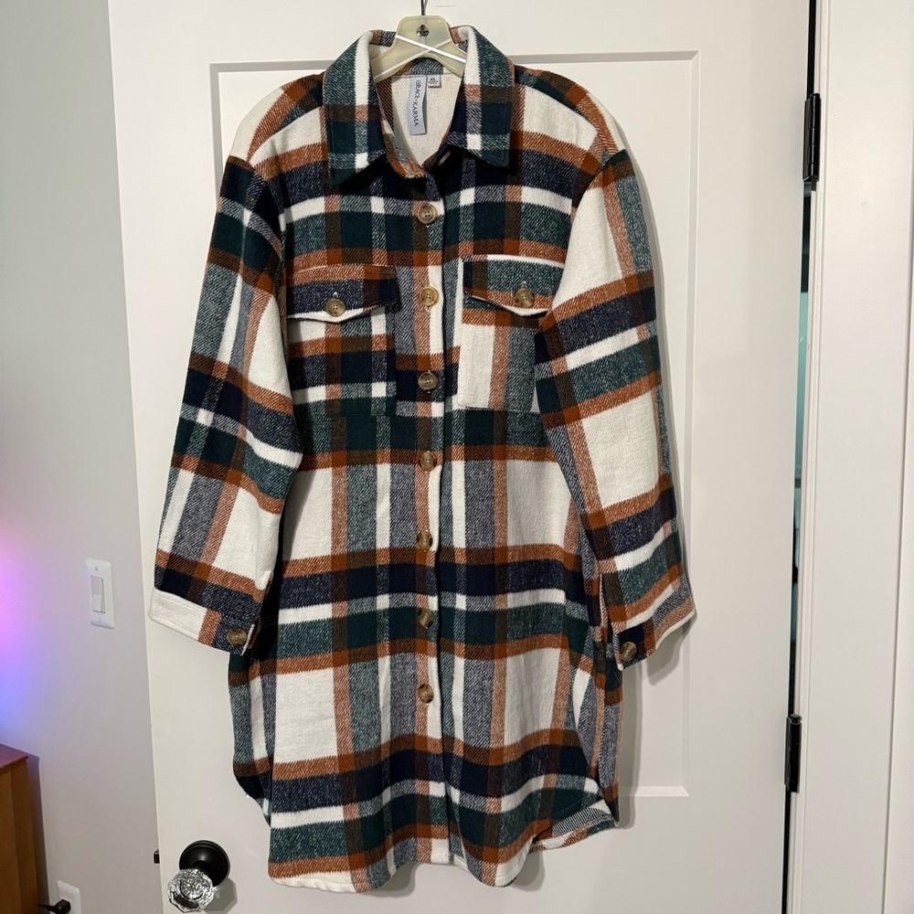 Grace + Karma Longline Plaid Shirt Jacket